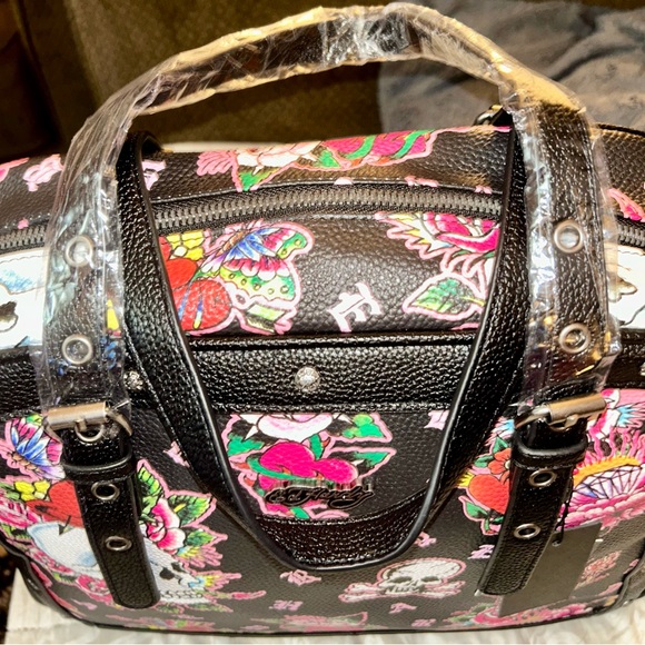 Ed Hardy Black and Pink Skull Floral Satchel - Picture 3 of 14